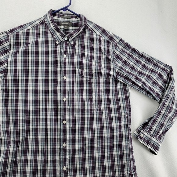 EDDIE BAUER Shirt Men's L/S Casual Button Up Collared Plaid Purple Gray Large - Picture 5 of 12
